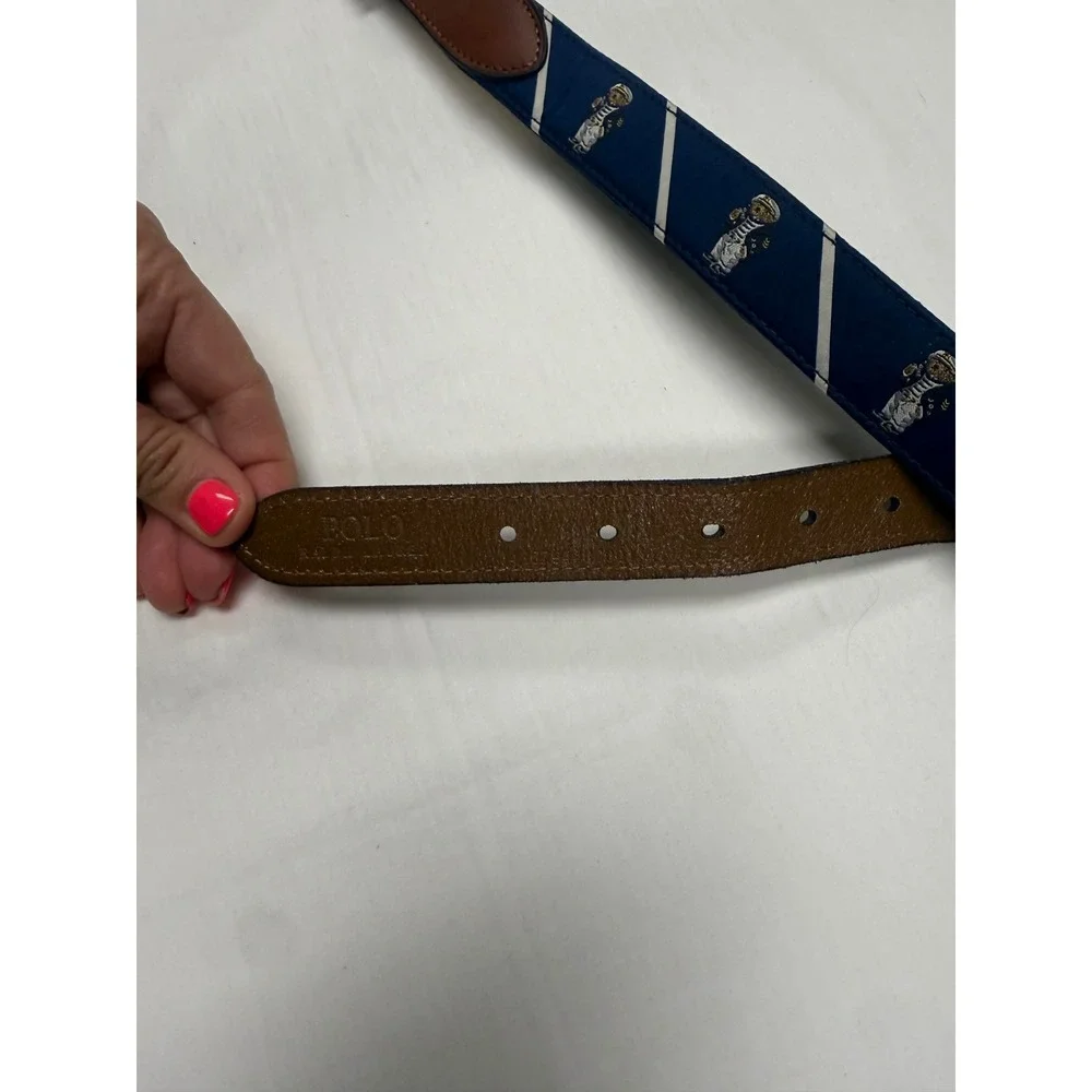 Polo Ralph Lauren Polo Bear Silk/Nylon Belt Navy Blue Brown Leather Size 36